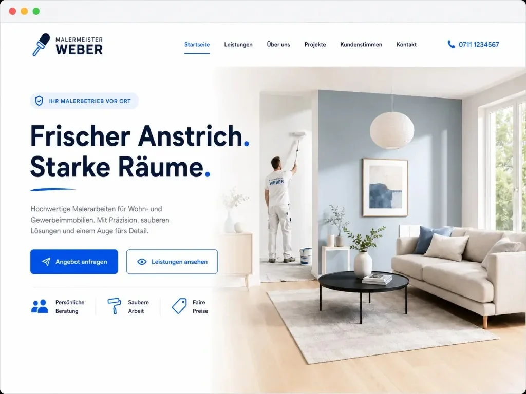 Startseite eines Malerbetriebs: Logo und Telefonnummer im Kopfbereich, die Überschrift „Frischer Anstrich. Starke Räume.“, ein kurzer Leistungstext, die Buttons „Angebot anfragen“ und „Leistungen ansehen“ sowie die Hinweise „Persönliche Beratung“, „Saubere Arbeit“ und „Faire Preise“.