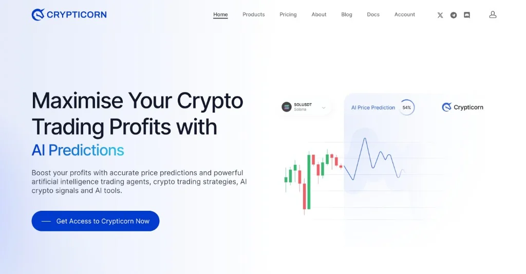 Crypticorn homepage hero with AI trading headline, call to action, and price prediction chart graphic