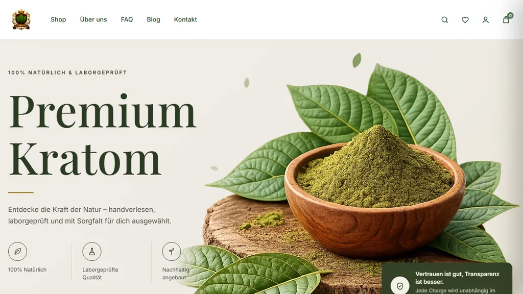 Kratom Kaiser homepage with the hero claim “Premium Kratom” and lab-tested kratom leaves and powder in a wooden bowl