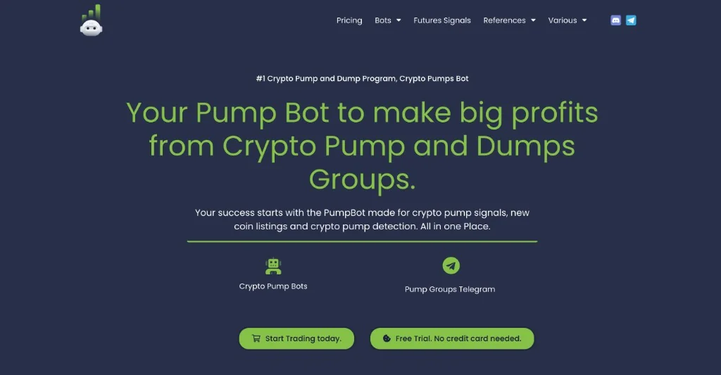 PumpBot homepage hero with headline, navigation, and call-to-action for crypto pump signals