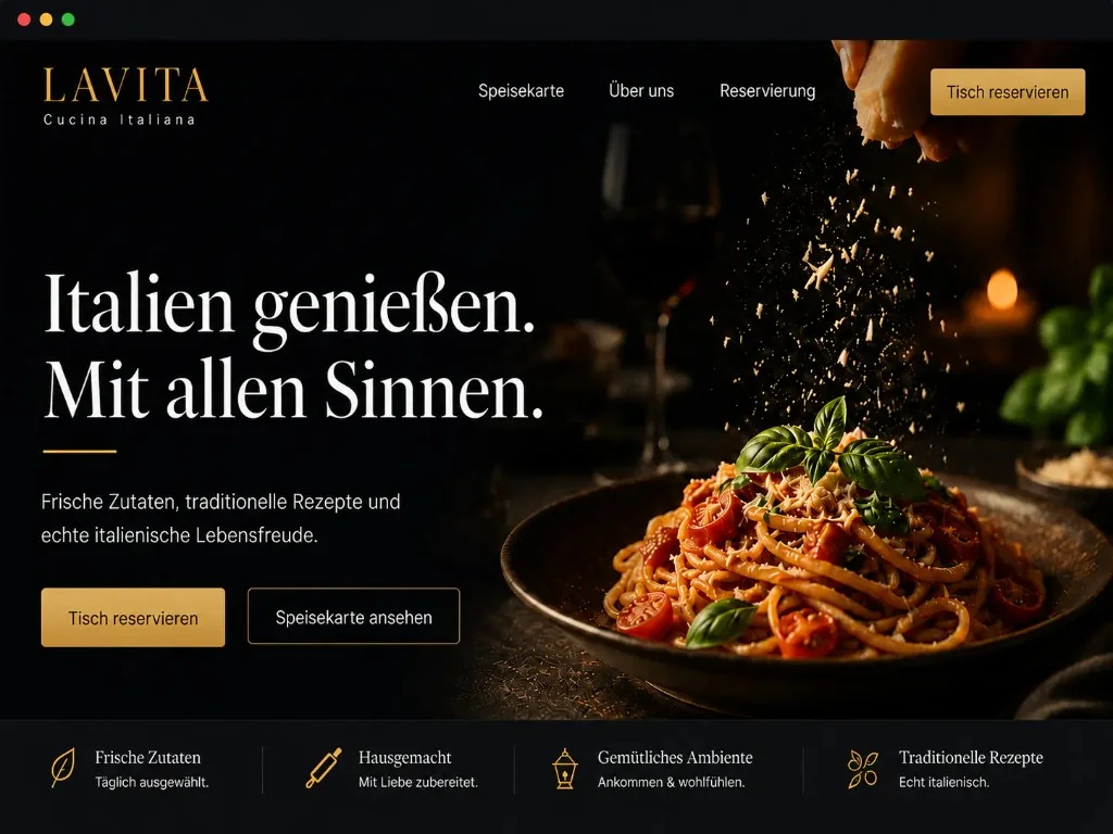 Website example for LAVITA Cucina Italiana: Italian restaurant hero section with pasta photography, table booking call-to-action and menu layout for hospitality and local dining businesses.